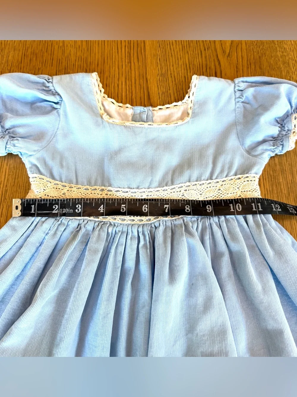 Smockingbird Girls Blue Cotton Lace Dress Puff Sleeve Ruffle Size 5